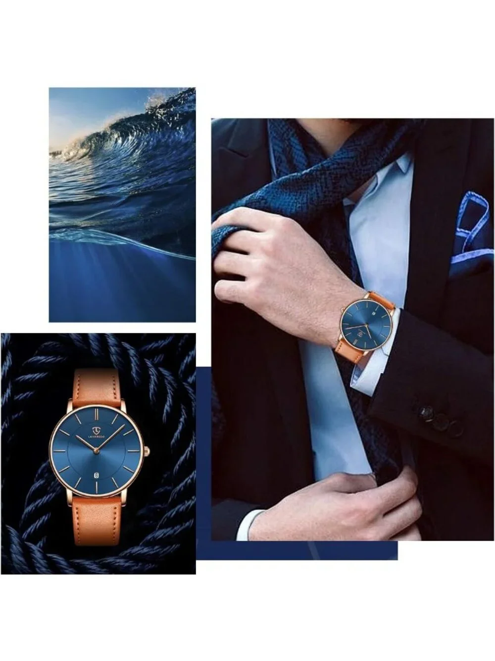 Men Blue Orange Leather Strap Analog Minimalist Fashion Simple Round Wrist Watch